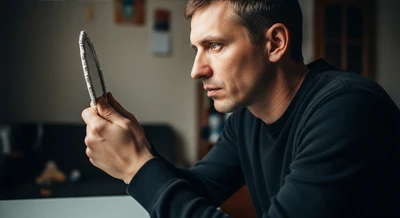 Мужчина сидит и смотрит в зеркальце